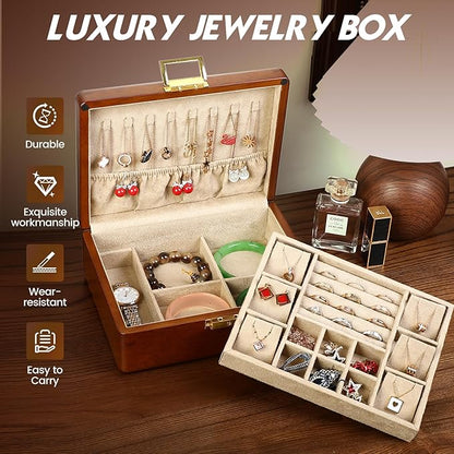 Wooden Jewelry Box with Lock,Double Layer Solid Walnut Wood Jewelry Organizer With Key Velvet Lining for Earrings Rings Necklaces Bracelets Cufflink Pendants Gift Idea Men Women