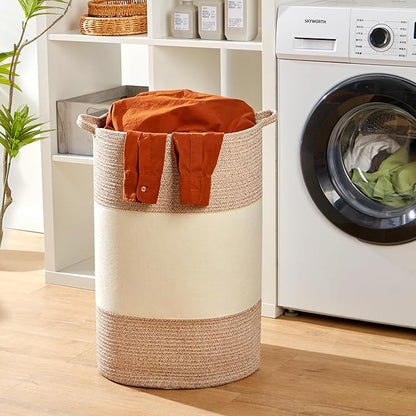 90L Jumbo Woven Laundry Hamper,17" x 17" x 24" Extra Large Laundry Basket for Blanket Storage,Tall Baby Nursery Hamper for Toys in Bedroom,Living Room Brown&White