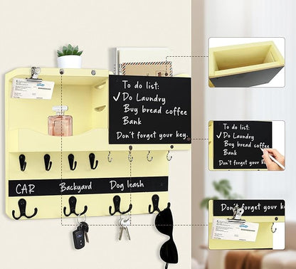 Key Holder for Wall Mount with Shelf and Mail Organizer, Key and Mail Holder with 16 Hooks, Farmhouse Entryway Organizer, Home Decor Rack(Pine Wood,Ivory Yellow)