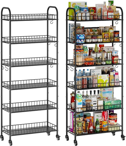6-Tier Slim Storage Cart, Rolling Kitchen Cart with Wheels, Narrow Metal Shelf Organizer with Hooks for Kitchen, Bathroom, Living Room, Laundry, Small Spaces (Black, 10 in)