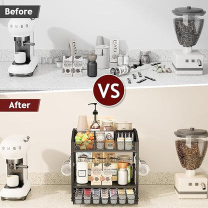 Homsorout Coffee Bar Organizer - Countertop Coffee Station, 42 K Cup holder Storage Basket with Drawer and Hooks for Syrup, Cups, Stirrer, Condiment, Tea Organizer, Black