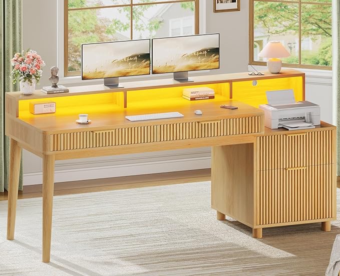 SEDETA 59" Computer Desk with 4 Storage Drawers, Fluted Wood Office Desk with File Drawer, LED Lights and Power Strip, Gaming Table Writing Desk for Home Office, Living Room, Bedroom, Oak