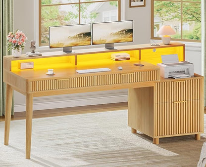 SEDETA 59" Computer Desk with 4 Storage Drawers, Fluted Wood Office Desk with File Drawer, LED Lights and Power Strip, Gaming Table Writing Desk for Home Office, Living Room, Bedroom, Oak