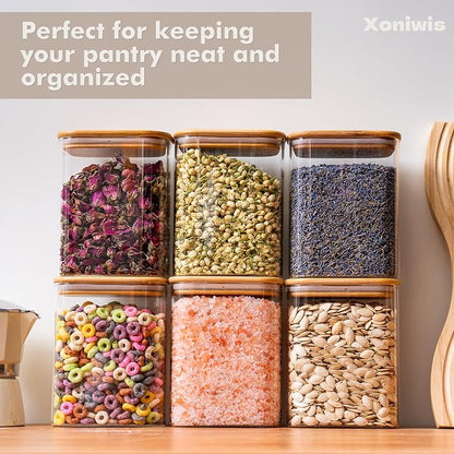 6-Pack 1.2Qt Square Glass Storage Jars with Bamboo Lids | Minimalist Kitchen Organizer,Pantry Storage Container,Food Storage Container,Scandinavian Style Storage,Nordic Style Storage