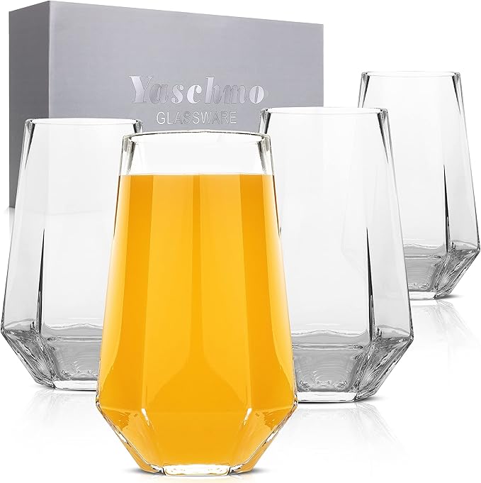 Large Beer Mugs, Hexagon Glass 4 Piece Set, Drinking Mug Bulk for Beer, Soda, Ice Coffee, Smoothies, Cocktails