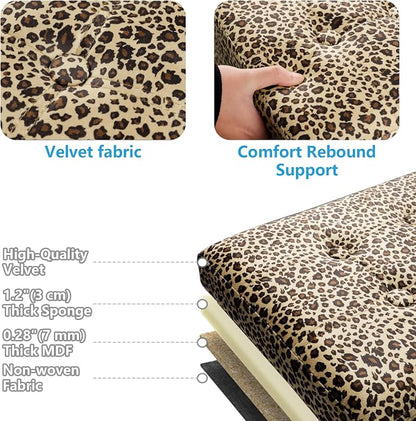 AmasSmile Storage Ottoman Folding Foot Rest Stool with Side Pocket, 17 inch Velvet Footstool Bench, Short Ottoman Bench, Storage Foot Rest Store, Blanket Chest, Leopard Print 2 Pack