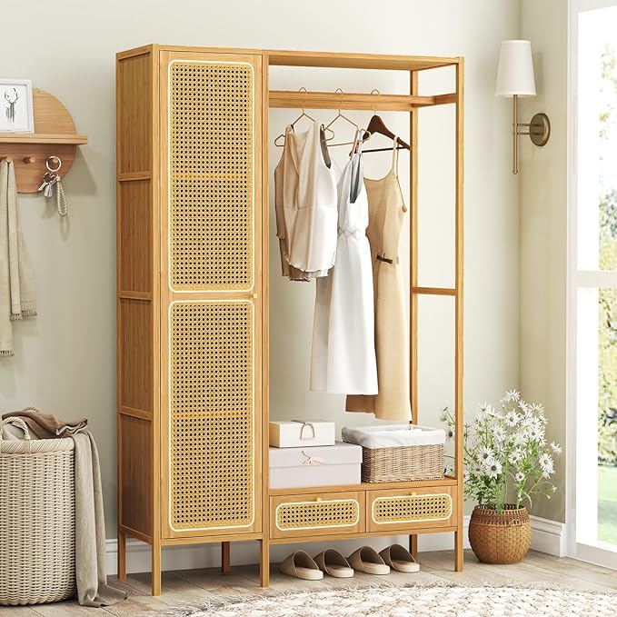 Giantex Bamboo Clothes Rack with Shelves, Freestanding Garment Rack w/Rattan Door, Hanging Rod, Storage Shelf, 2 Drawers, 7-Tier Heavy Duty Wardrobe Closet Organizer w/Cabinet for Entryway Bedroom