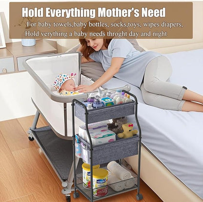 3-Tier Baby Diaper Caddy Organizer and Storage Cart, Mobile Metal Utility Cart with Rolling Wheels for Nursery Essentials with 4+2 Dividers, Large Capacity Rolling Cart For Bedroom, Bathroom, Nursery