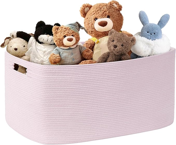 SunNewt 72L Large Baby Girls Laundry Basket for Nursery Storage,Cute Woven cotton Rope Baskets for Kids Toy，Gifts, Boho Square Wicker Blanket hamper for Living Room,Bedroom Dirty Clothes,Pink