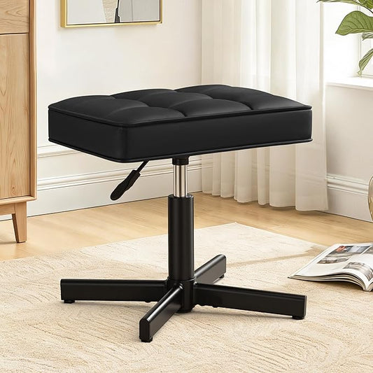 LUE BONA Adjustable Vanity Stool, Foot Rest Under Desk, 360° Swivel Vanity Chair for Makeup Room, Black Upholstered Faux Leather Ottoman for Bathroom & Living Room, 300lbs