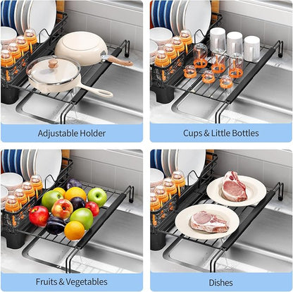 TOOLF Dish Drying Rack - Expandable Dish Rack, Large Capacity Dish Drainer for Kitchen Counter, Stainless Steel Dish Strainer with Cups Holder & Utensil Holder,Black