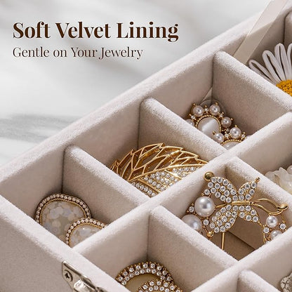 48 Grid Earring Organizer and Storage: Velvet Jewelry Tray with Lid, Jewelry Box for Studs, Earrings, Rings, Necklaces, Dresser & Vanity, Earrings Case for Girls, Women, 13"x8.6"x2.4", Beige