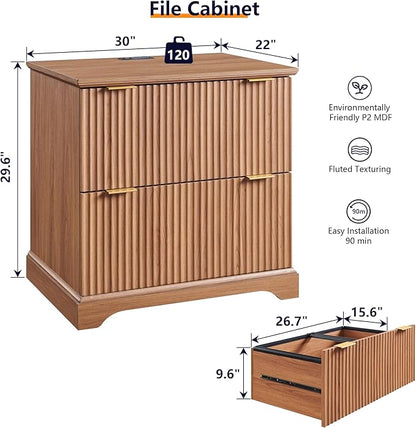 2 Drawer File Cabinet With Charging Station, 30" Fluted Lateral File Cabinet w/Files Hanging Rod for Letter/Legal/A4, Large Tabletop for Printer, Office Wood Printer Cabinets, Dark Chestnut Wood