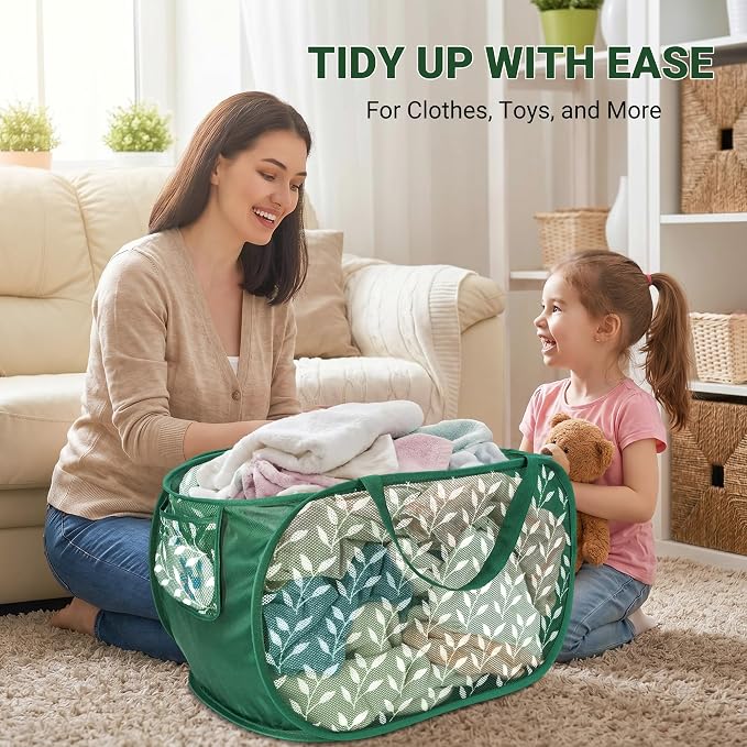 Durable Collapsible Laundry Baskets, Foldable Laundry Basket with Handy Pocket, Mesh Pop Up Clothes Hamper with Reinforced Carry Handles for Laundry, Bathroom, Kids Room, Travel -Leaf Print, Green