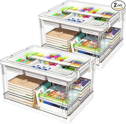 24QT 2Packs Clear Craft Organizers and Storage with Trays, Art Supply Organizer and Storage, Craft Storage Box with Lid for Beads, Markers, Coloring Books, Sewing, Playdoh and Tools