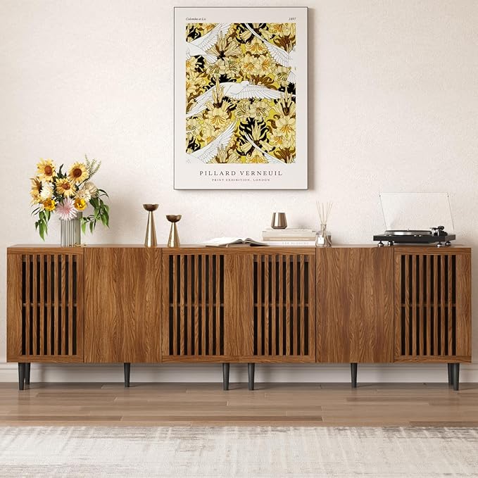 Storage Cabinet, 94.4" Freestanding Buffet Cabinet with 6 DIY Doors and Adjustable Shelf,Modern Sideboard Coffee Bar with Solid Wood Feet for Living Room,Dining Room,Kitchen,Walnut,Set of 2