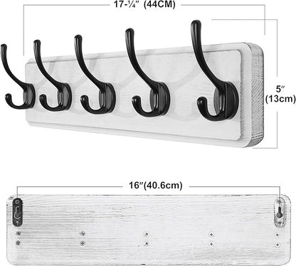 SKOLOO Rustic Wall Mounted Coat Rack, 16 inches Hole to Hole, Case of 2, Pine Solid Wood Coat Hook Hanger - 5 Hooks for Hanging Clothes Robes Towels Coats
