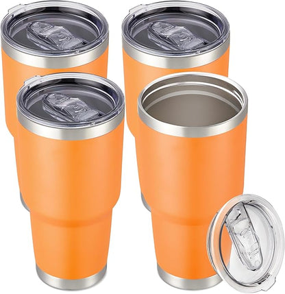 30 oz Tumbler with Lid Stainless Steel Tumblers Bulk Vacuum Insulated Cup Reusable Powder Coated Travel Mug Double Wall Leak Proof Cups Keep Cold Drinks for 12 Hours Orange, Set of 4