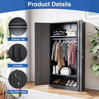 BYNSOE Metal Armoire Wardrobe Closet with 2 Doors 72'' Wardrobe Cabinet with Hanging Rail Metal Closet with Adjustable Shelves for Bedroom.Require Assembly (Black)