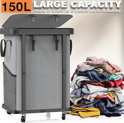 150L (40 Gal) Large Fashion Laundry Basket with Wheels, Leather Patchwork Rolling Hamper Carts, Sturdy Metal Frame, Removable Washable Bag, Tall Clothes Sorter for Bedroom, Laundry Room - Gary