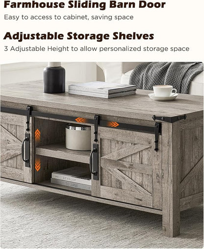 OKD 48" Farmhouse Lift Top Coffee Table with Sliding Barn Door,Rustic Center Table w/Hidden Storage Compartment, Lift Tabletop Dining Table w/Adjustable Shelf for Living Room,Light Rustic Oak