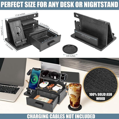 Parkway Home Black Wood Phone Docking Station with Drawer, Compatible with Apple Watch - Wood Charging Station Organizer Stand, Bedside Nightstand Organizer for Men, Holds, Tablet, Glasses, Keys, EDC