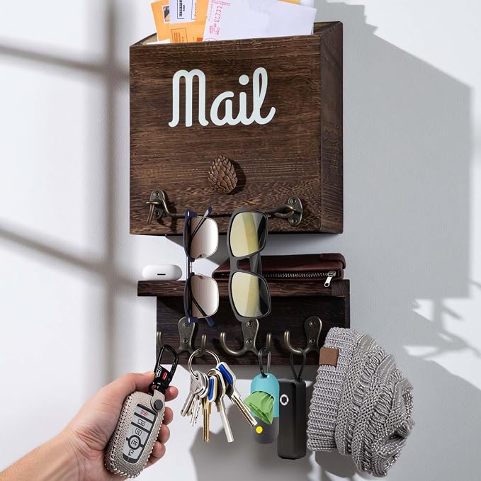 eBun Narrow Wood Mail Holder with 6 Key Hooks | Wall Mount, No-Drill Magnetic, Vertical Mail Slot, Entryway Decor