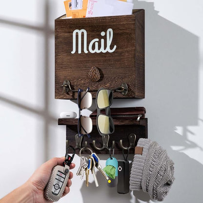 eBun Narrow Wood Mail Holder with 6 Key Hooks | Wall Mount, No-Drill Magnetic, Vertical Mail Slot, Entryway Decor