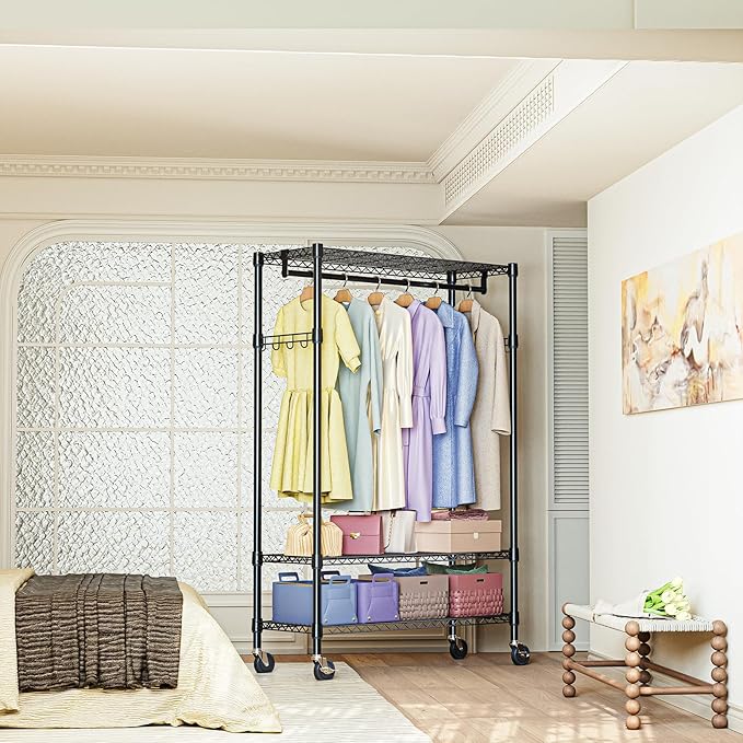 IZEUK Heavy Duty Rolling Garment Rack Wire Clothes Rack for Hanging Clothes (Black, Z2-17.7" D x 47.2" W x 83.6" H)