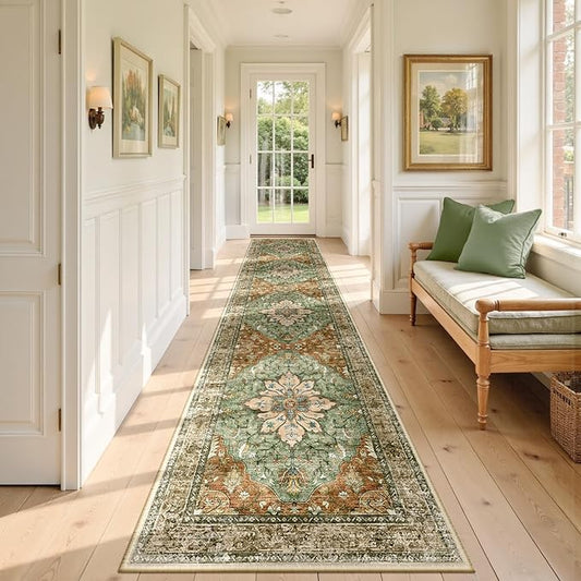 RELEANY Area Rugs Runner 2'6"x12' Washable Non-Slip, Floral Vintage Distress Medallion Carpet for Kitchen Hallway Bedroom Beside Laundry Room Bathroom, Terracotta Burnt Orange Green