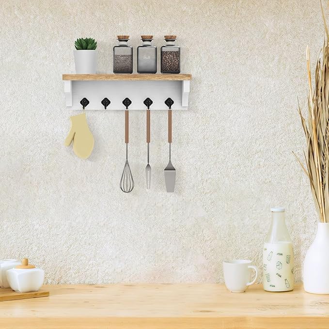 Nekon Key Holder for Wall, 11.8" W x 3.5" H x 2.8" D Decorative Key Organizer with Floating Shelf, Wall Mount Key Rack with 5 Hooks (Wood)
