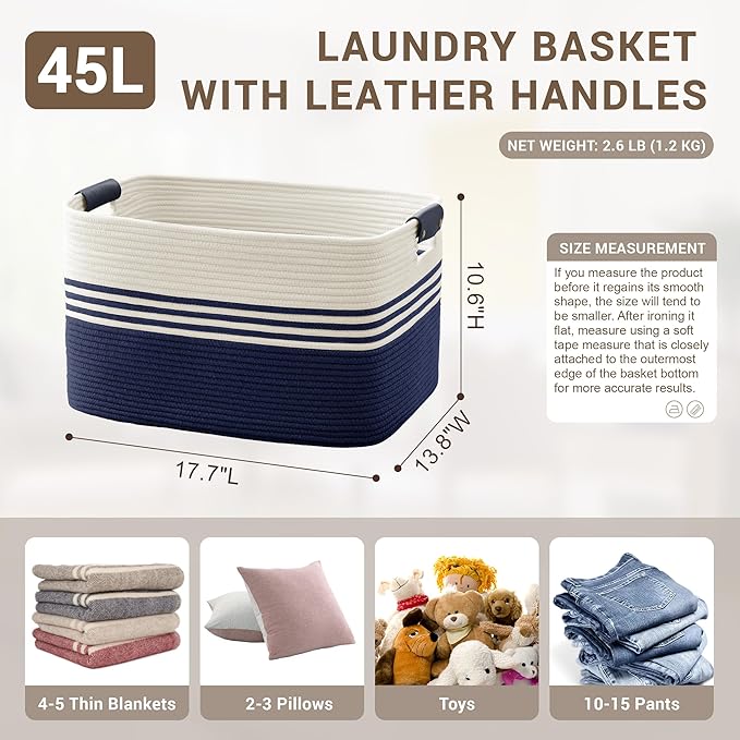 SunNewt 45L Small Laundry Basket with Leather Handles for Living Room Storage, Woven Rope Baskets Bin for Blanket, Kids Toy, Gifts, Wicker Hamper for Bedroom Dirty Clothes, 18"x14"x11" White Navy