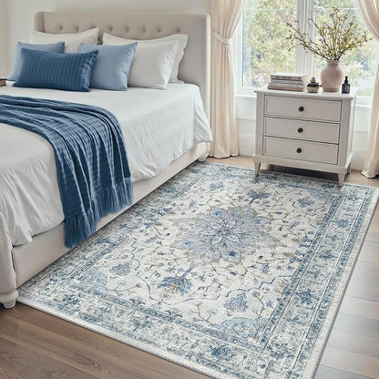 RELEANY Area Rugs 4'x6' Washable Non-Slip, Floral Vintage Distress Medallion Carpet for Living Room Bedroom Dining Room, Light Blue Navy Gray White