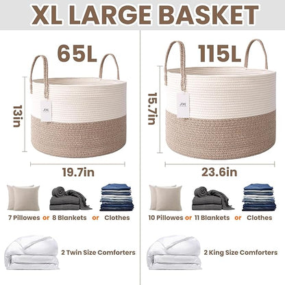 JMvicyroam 65L Extra Large Blanket Basket for Living Room - Woven Cotton Rope Laundry Hamper with Reinforced Handles - Storage Bin for Pillows, Comforters & Toys - Machine Washable,White&Brown