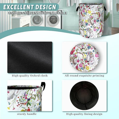 Beautiful Horse Laundry Basket Colorful Floral Animal Laundry Hamper Foldable Oxford Cloth Funny Tote Bag Clothes Toy Storage Bucket For Bathroom/Laundry Storage/Bedroom 18.9 x 16.5 Inch