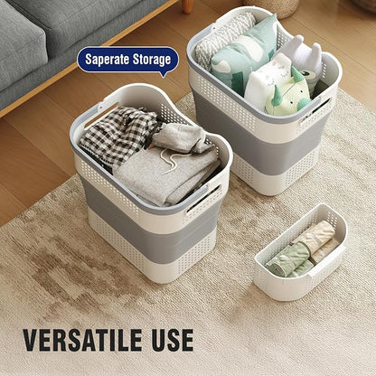 TECHMILLY Collapsible Plastic Laundry Basket Hamper with Handles, 35L Portable Rubber Clothes Basket, Pop Up Storage Container/Organizer with Hanging basket for Washing & Storage, Grey