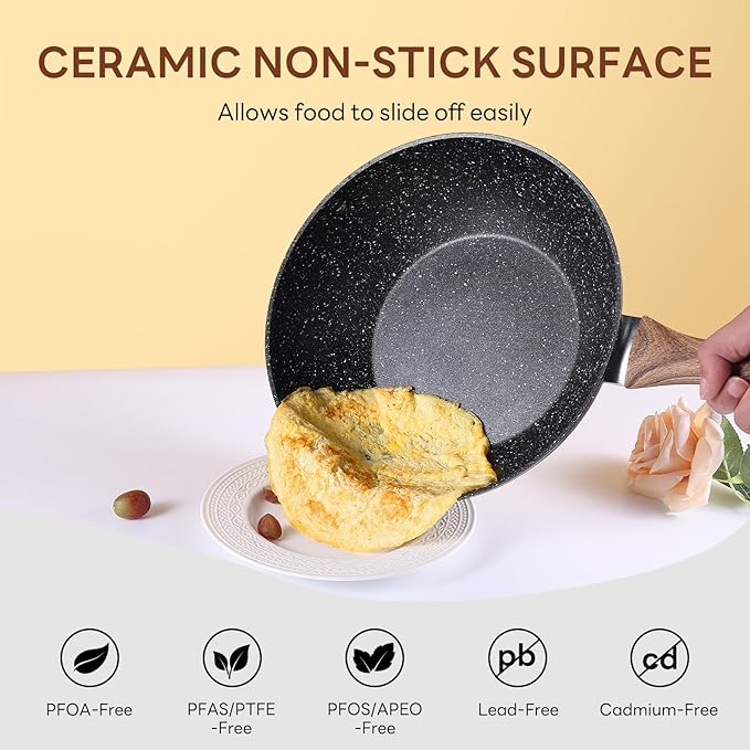 Sweetcrispy 17 Pcs Nonstick Pots and Pans, Induction Kitchen Cooking Set with Stay-Cool Handles, Black