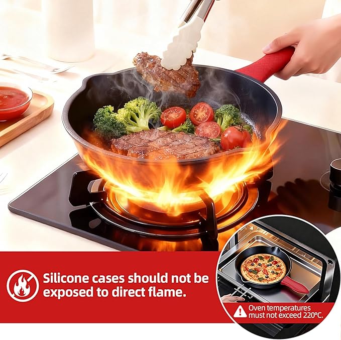 3 piece set, cookware set 6, 8, 10 Inches, for frying, saute, &more, easy use in the oven, stove, grill, or campfire, black, with silicone heat-resistant cover