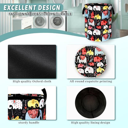 Colorful Elephant Laundry Basket Foldable With Handles Boho Animal Tote Bag Oxford Cloth Funny Laundry Hamper Clothes Storage Bucket Toy Organizer 18.9"x16.5" For Bathroom/Laundry/Bedroom