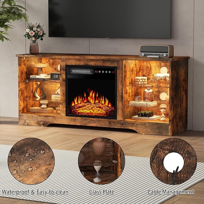 PRETZI Fireplace TV Stand with 18" Fireplace Up to 65" TVs, 58" Entertainment Center with LED Lights, TV Media Console with Adjustable Glass Shelves and Storage Cabinets for Living Room, Brown