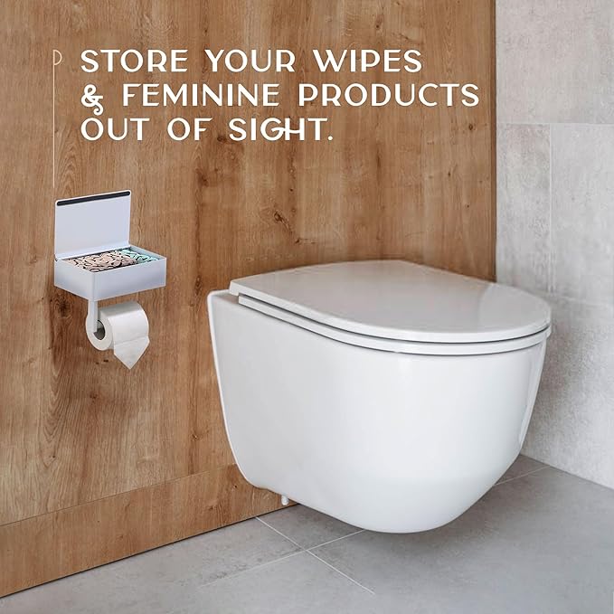 Day Moon™ White Toilet Paper Holder with Shelf - Wipe Holder for Bathroom, Flushable Wipes Dispenser, Toilet Paper and Wipes Holder