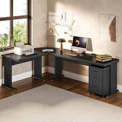 LITTLE TREE 82.67" Long Executive Desk Large L-Shaped Computer Office Desk with 3-Drawer Mobile File Cabinet, Industrial Business Furniture Desk Workstation for Home Office, Black