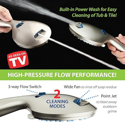 Hotel Spa AquaCare for California As-Seen-On-TV High Pressure Handheld Rain 50-mode 3-way Shower Head Combo, Anti-clog Jets, 2-mode Tub & Pet Power Wash, Wall Bracket, 6 ft. Stainless Steel Hose