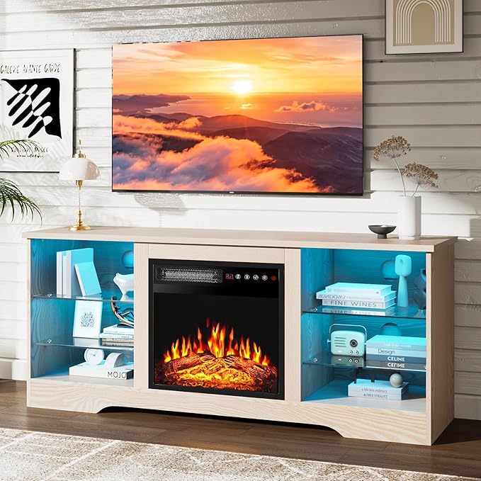 PRETZI Fireplace TV Stand with 18" Fireplace Up to 65" TVs, 58" Entertainment Center with LED Lights, TV Media Console with Adjustable Glass Shelves and Storage Cabinets for Living Room, Beige