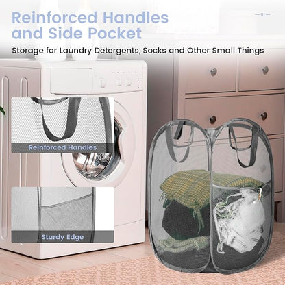 Strong Mesh Pop-up Laundry Hamper,HOUSE AGAIN Quality Pop Up Hampers for Laundry with Durable Handles Solid Bottom High Carbon Steel Frame, Easy to Open and Fold for Storage(Grey)