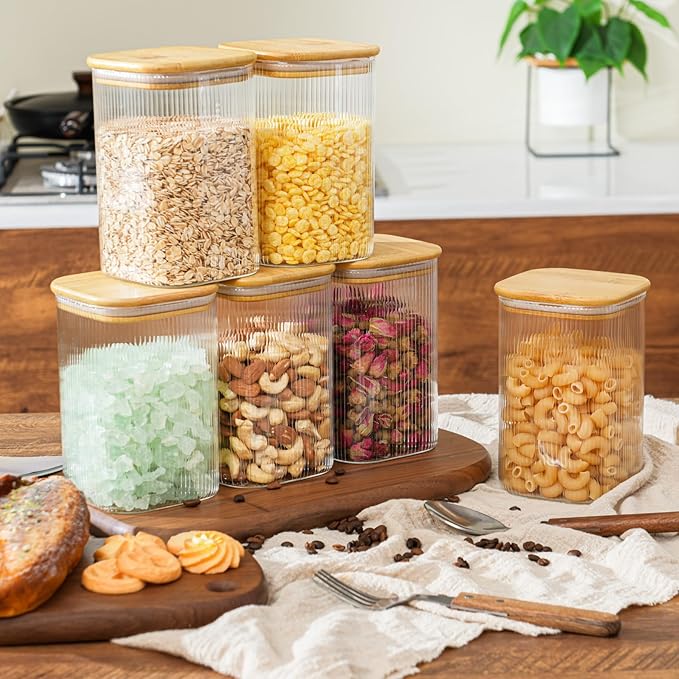 37oz Airtight Glass Square Storage Canisters with Bamboo Lids Set of 4 (1100ml) Striped Stackable Containers, Decorative Kitchen Jars for Tea, Nuts and Coffee (‎with Black Lable)