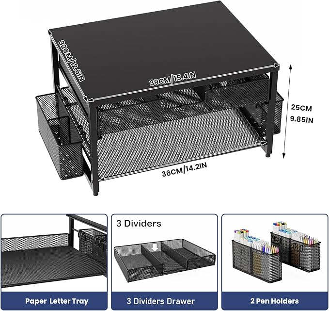 Metal Desktop Printer Stand with Storage Drawer & 2 Pen Holders,2 Tier Home Printer Riser Shelf for Desk with Paper Holder Storage,Multi-Purpose Office Desk Organizer