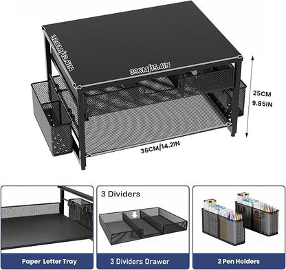 Metal Desktop Printer Stand with Storage Drawer & 2 Pen Holders,2 Tier Home Printer Riser Shelf for Desk with Paper Holder Storage,Multi-Purpose Office Desk Organizer