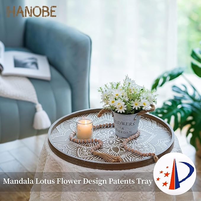 Hanobe Large Round Decorative Tray: Boho Coffee Table Trays Centerpiece for Home Decor - Rusti Brown Farmhouse Serving for Women Kitchen Counter Ottoman