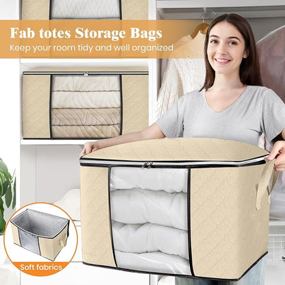 Fab totes 24 Gallons Clothes Storage, Foldable Thick Fabric Blanket Storage Bags, Containers for Organizing Bedroom, Closet, Clothing, Comforter, Organization with Handle (8 Pack,Beige)